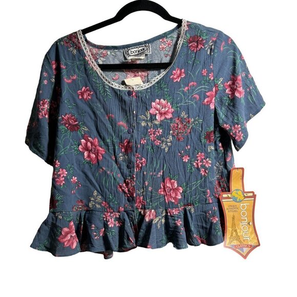 NWT VTG Floral Button Up Crop Top Ruffles Short Sleeve Lace Blue Pink Sz L USA - Picture 1 of 6